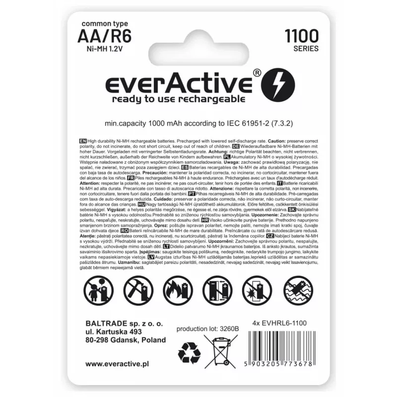 Rechargeable NiMH batteries everActive EVHRL6-1100 1.2V 1100 mAh — 4 pcs, cylindrical