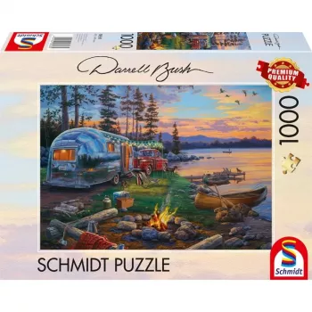 Jigsaw Puzzle schmidt spiele 58533 — 1000 pieces, 'Camping idyll by the lake' scenic illustration