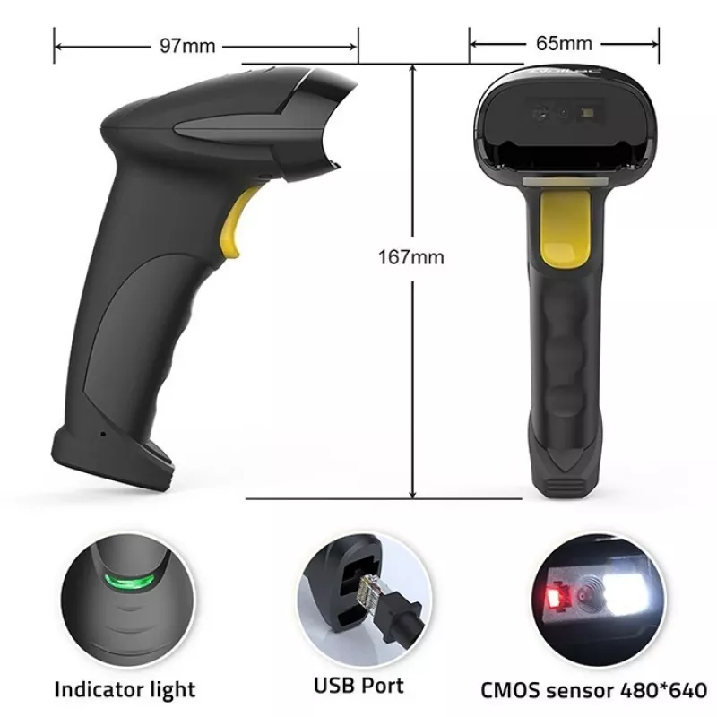 Handheld 1D/2D wired barcode scanner QOLTEC 50853 — USB, ABS housing, 1.65 m cable, 97×65×167 mm, 105 g