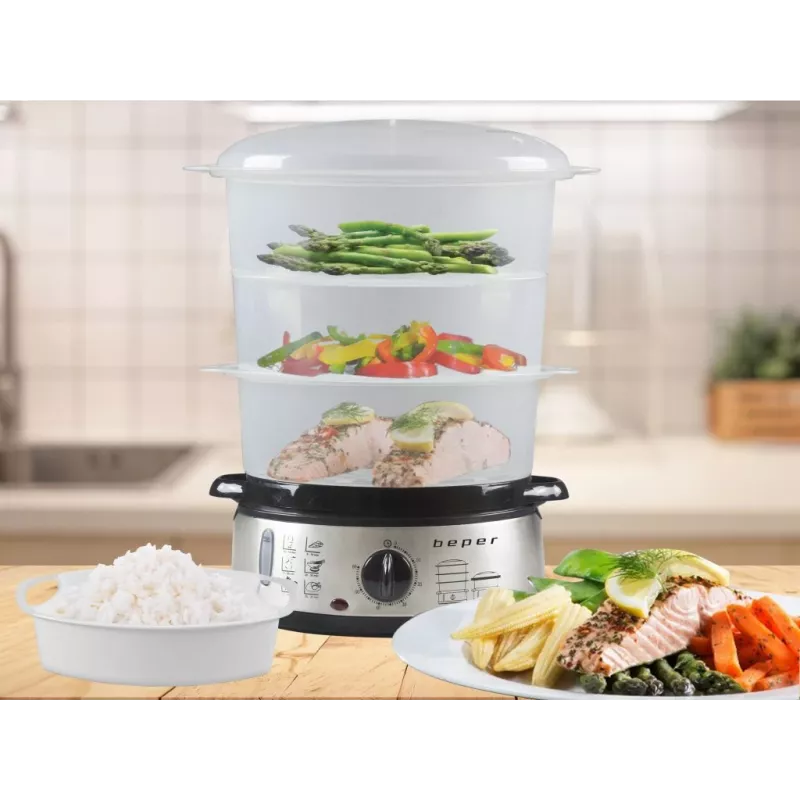 Steam Cooker Beper BC.250 3 Baskets Countertop 800 W Stainless Steel