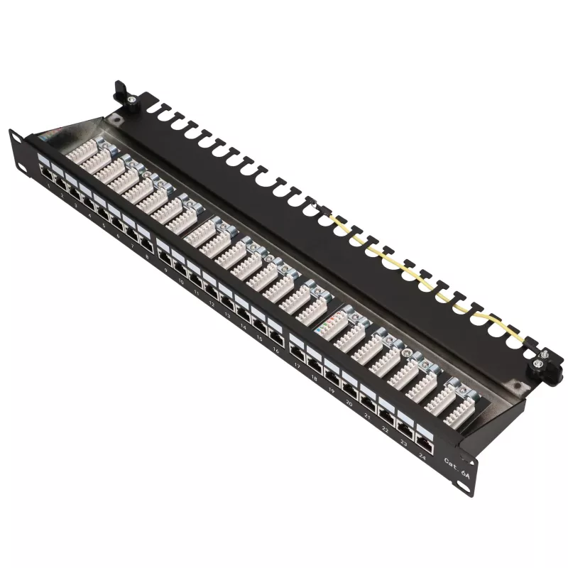 Extralink CAT6A STP 24-Port Shielded Patch Panel, 1U 19-Inch Rackmount, 10G Ready, Black