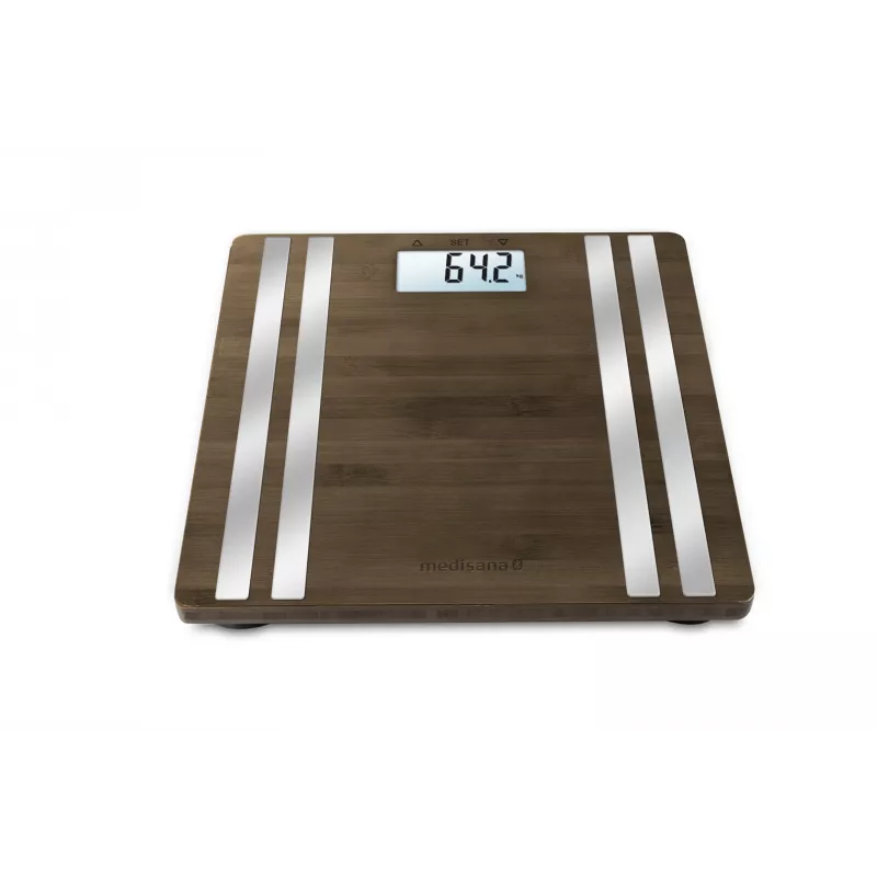 Electronic personal scale Medisana BS 552 — silver bamboo top, max 180 kg, 100 g accuracy, Bluetooth, BMI, body composition