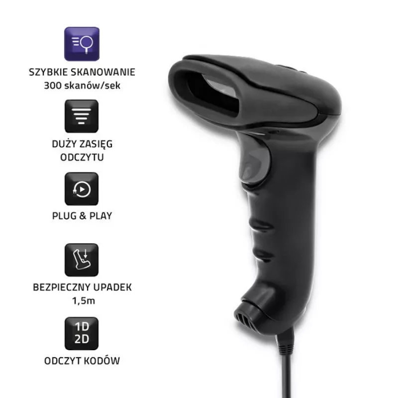 Handheld barcode reader QOLTEC 50868 — 1D/2D laser scanner, USB wired & wireless, working distance 600 mm, black