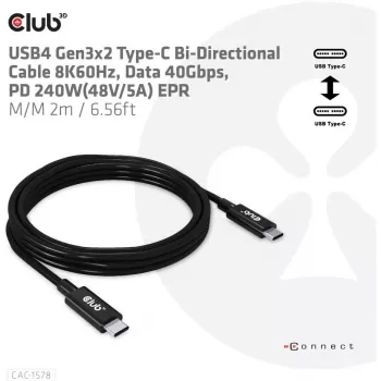 CLUB3D USB4 Gen3x2 Type-C Bi-Directional Cable 8K60Hz, Data 40Gbps, PD 240W(48V/5A) EPR M/M 2m / 6.56ft