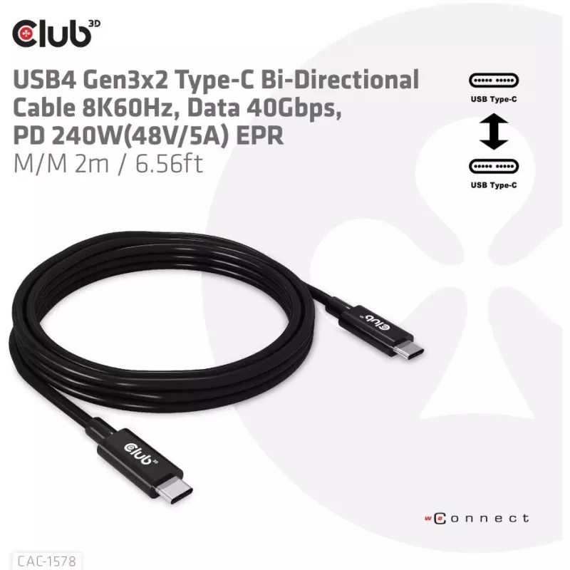 CLUB3D USB4 Gen3x2 Type-C Bi-Directional Cable 8K60Hz, Data 40Gbps, PD 240W(48V/5A) EPR M/M 2m / 6.56ft