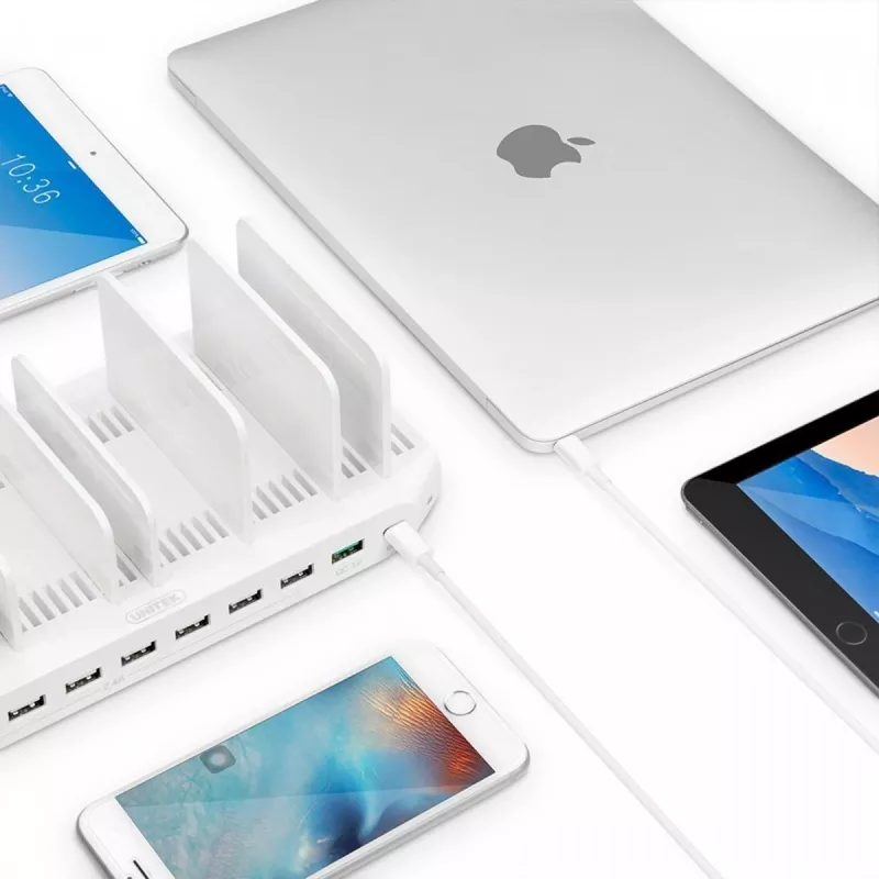 Charging station Unitek Y-2190A — 10× USB ports (8×USB2.0 + 2×USB3.2 Gen1), wireless charging, 96W total