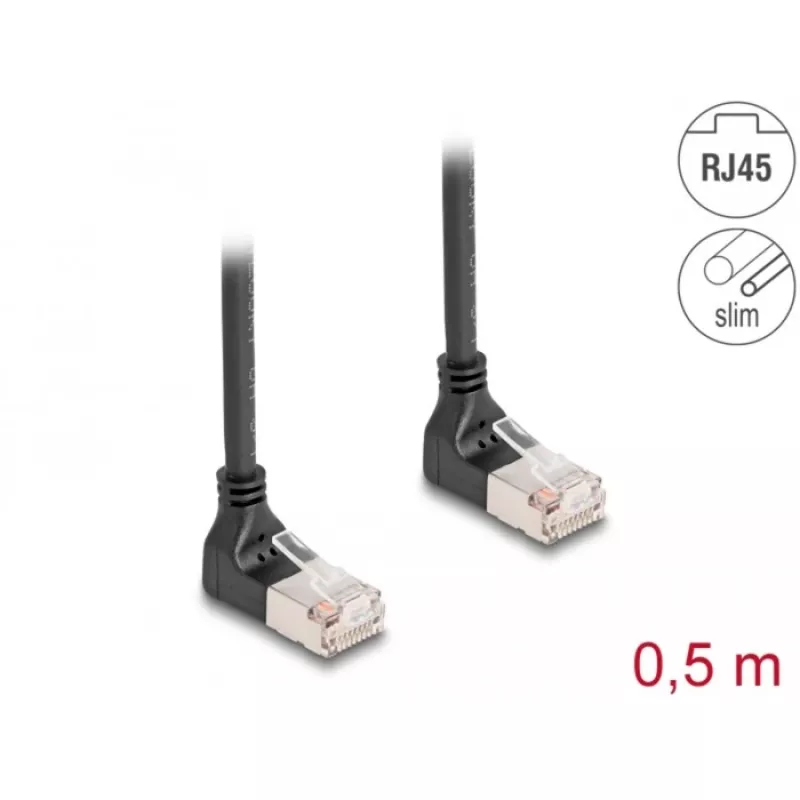 Network Cable DeLOCK RJ45 Cat.6A S/FTP Slim 90° Upwards 0.5m Black