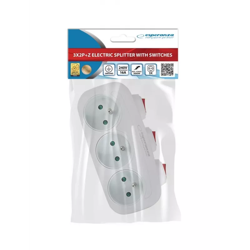 Power splitter ESPERANZA ELK307W — 3-socket switched indoor adapter, Type E plug, 220–240V, 16A, 3680W, white
