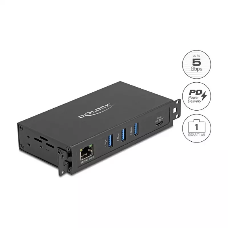 USB hub DELOCK 3-port 5 Gbps with RJ45 Gigabit PoE++ and USB Type-C host, metal case, 1.5 kV isolation, black