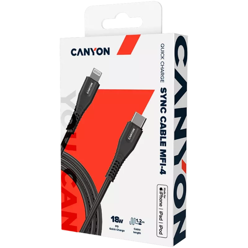 CANYON cable MFI-4 Type-C to Lightning 1.2m Black
