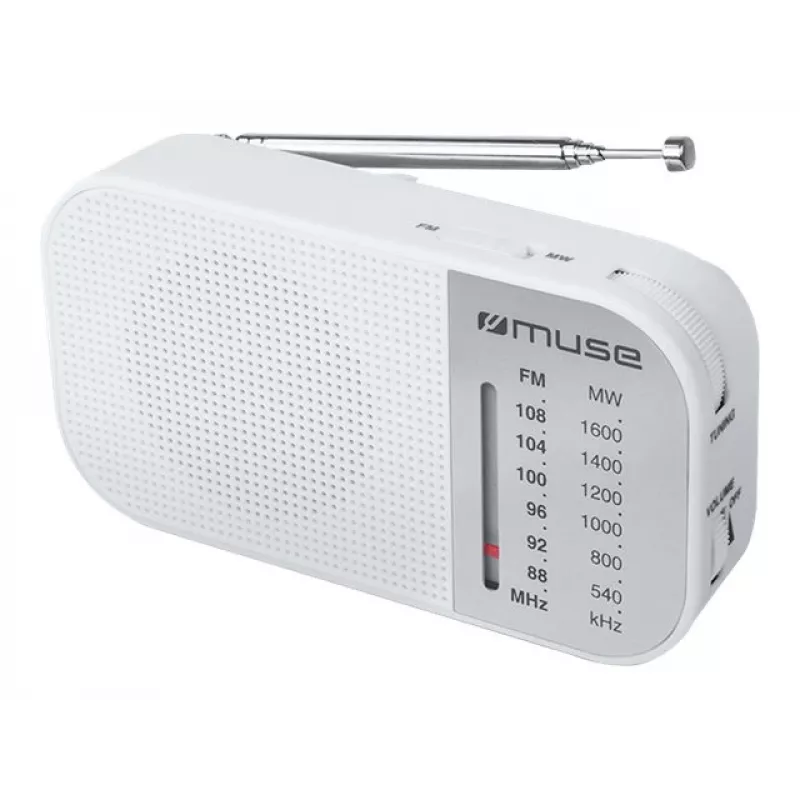 Portable radio Muse M-025 RW — analog FM/MW, white, battery-powered, external antenna