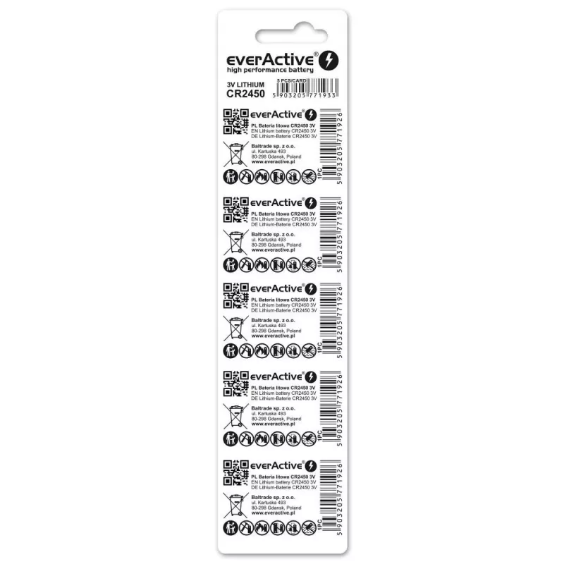 Button/coin lithium battery everActive CR2450, 3 V, 5 mm height — pack of 5