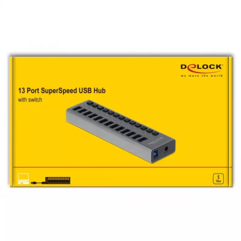 DeLOCK External USB 5 Gbps Hub with 13 Ports + Switch, USB 3.2 Gen 1 (3.1 Gen 1) Type-B, USB 3.2 Gen 1 (3.1 Gen 1) Type-A, 5000 Mbit/s, Grey, Aluminium, 1 m