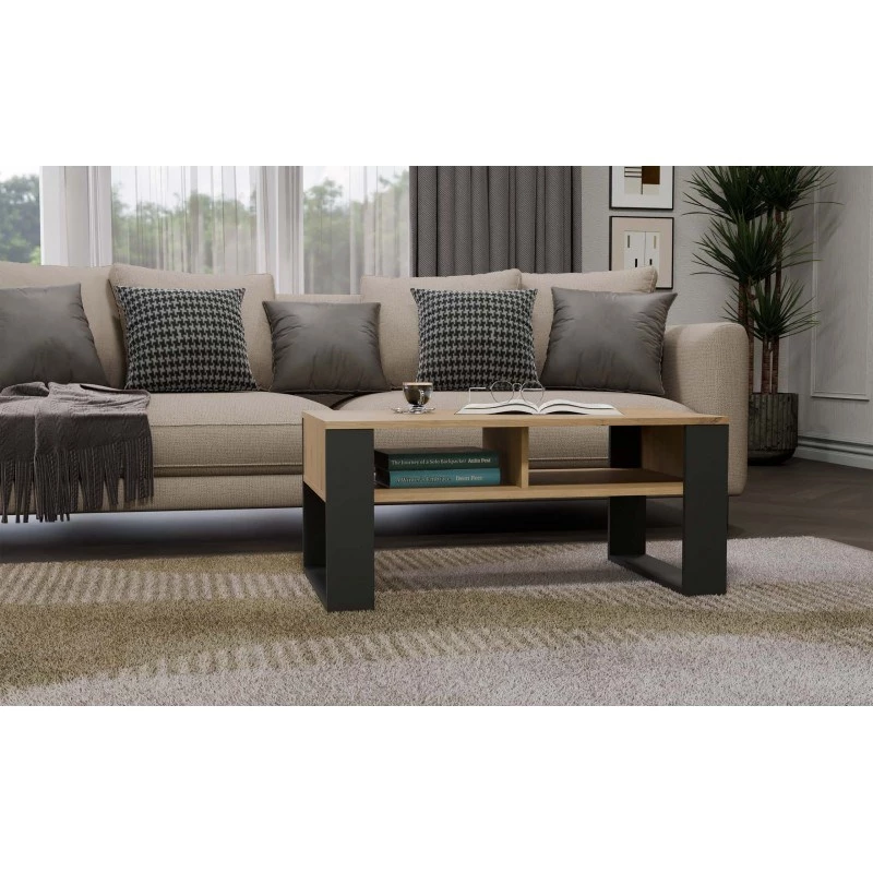 Coffee table top e shop Modern 90×58×50 cm, anthracite frame, Artisan oak shelves, matte