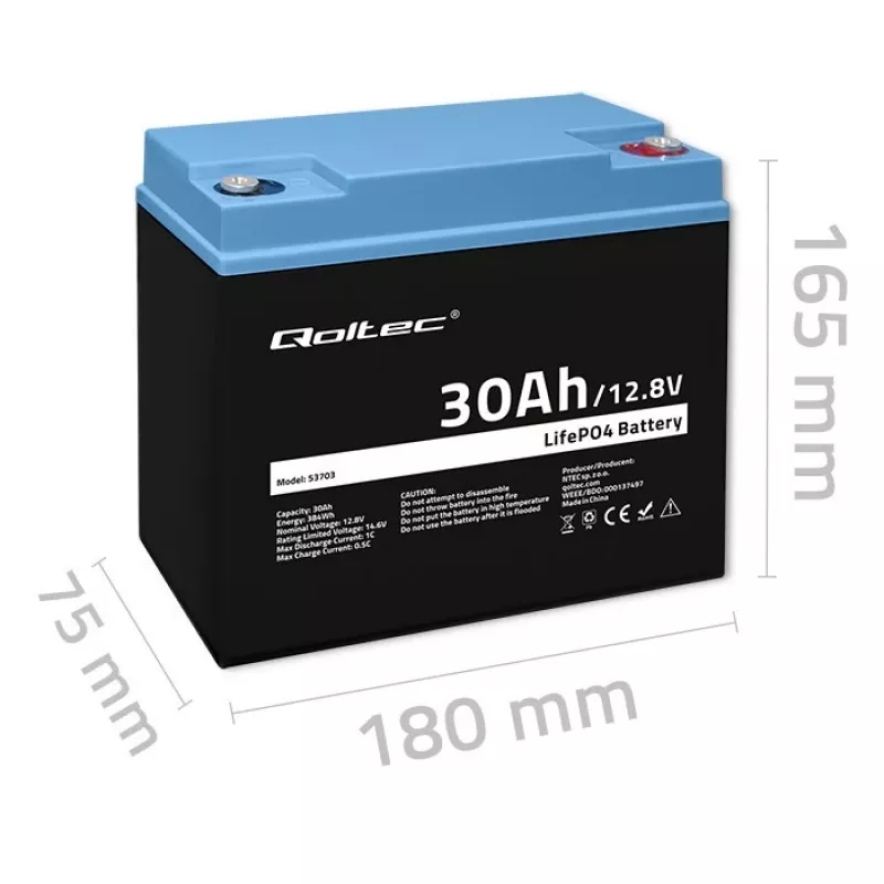 Rechargeable LiFePO4 Battery QOLTEC 12.8V 30Ah 384Wh with BMS