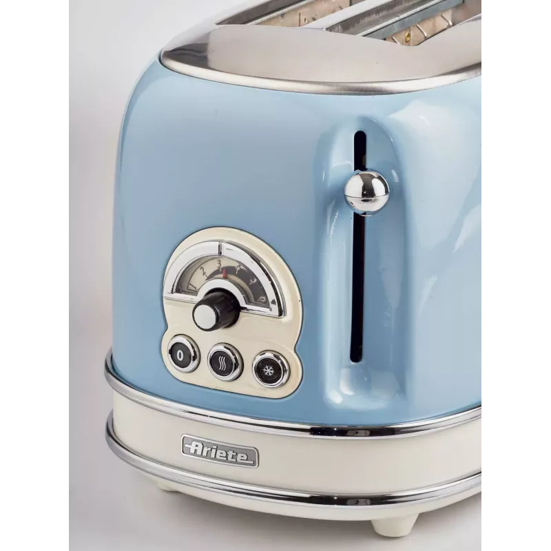 Ariete 155 Design 2 Slice Toaster with Sandwich Cages, 6 Toasting Levels, 810 W, Stainless Steel Body, Removable Crumb Tray, Pastel Blue