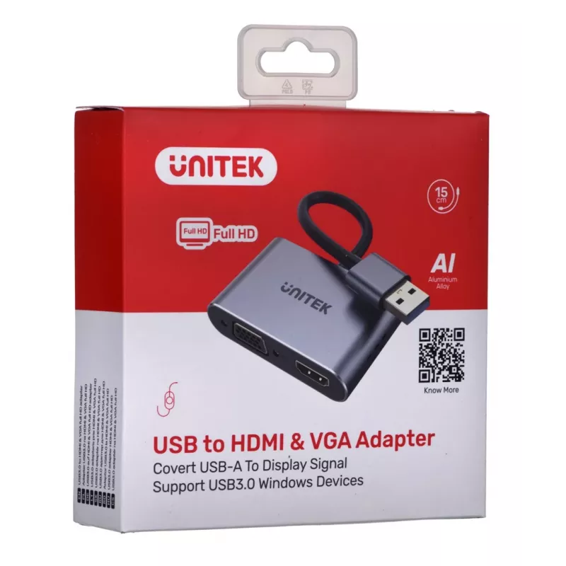 UNITEK V1304A video cable adapter 0.15 m USB Type-A HDMI + VGA (D-Sub) Grey