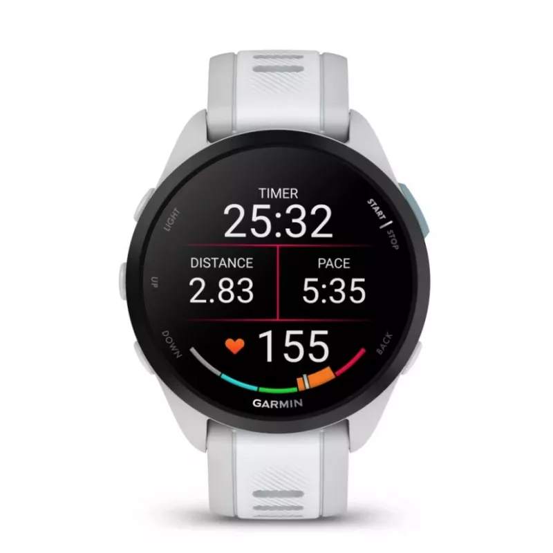 Smartwatch GARMIN Forerunner 165 — GPS, AMOLED 1.2 inch, 4 GB, 5 ATM, 11 days battery, Grey case, White strap