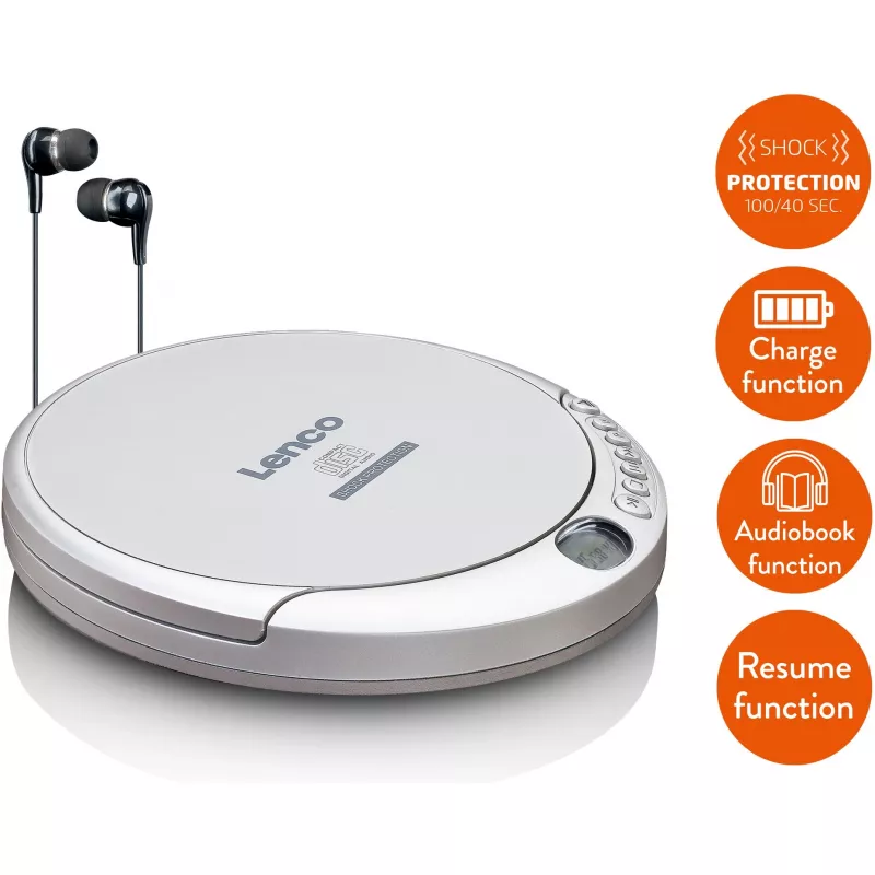 Lenco CD-201SI Portable CD player with audiobook and charging function, silver