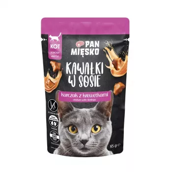 Wet cat food Pan Miesko Pieces in Sauce — Chicken with Shrimps, 85 g, Adult Cats, Moisture 81%