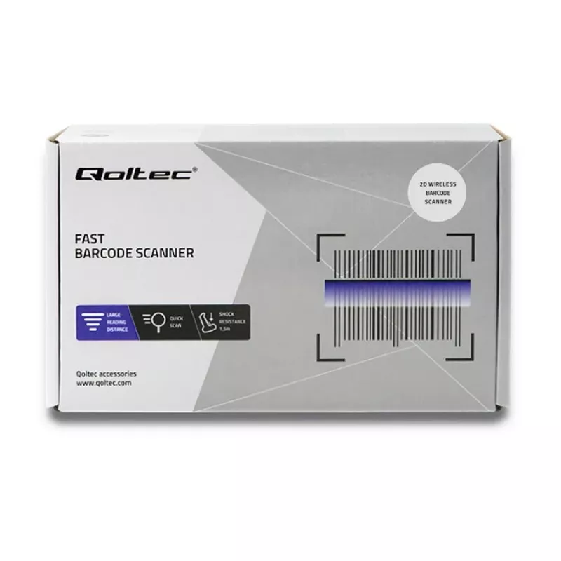 Handheld barcode reader QOLTEC 50868 — 1D/2D laser scanner, USB wired & wireless, working distance 600 mm, black