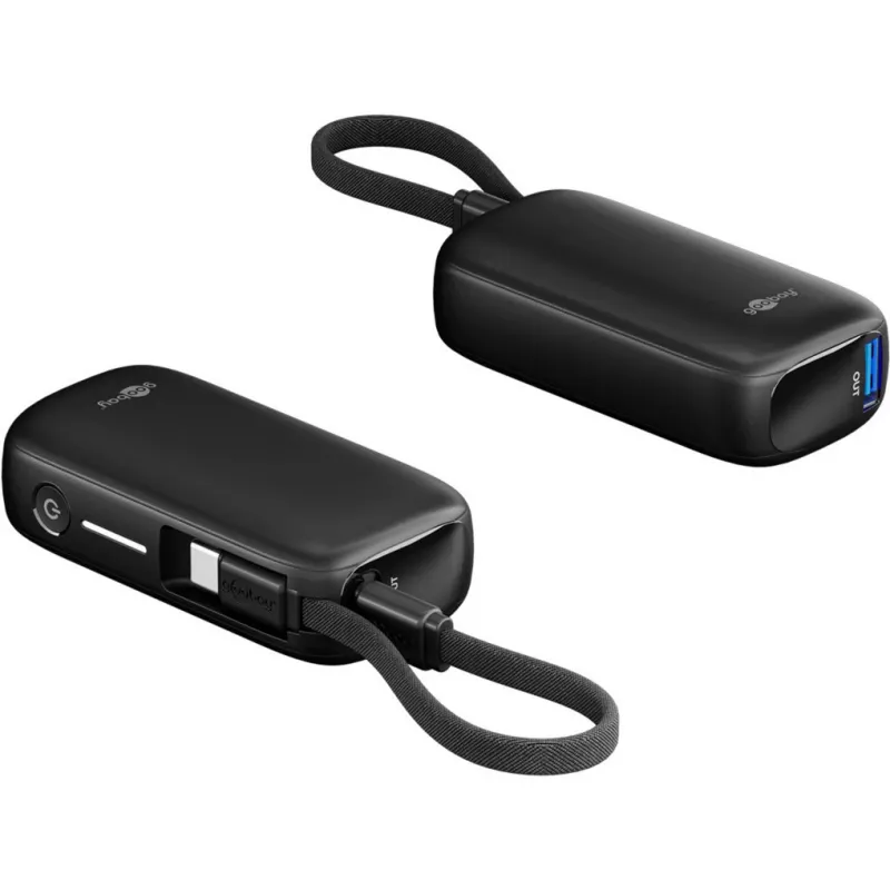 Powerbank 5.000 mAh, integrated USB-C cable 13cm, 20 Watt (black, 5 Ah, 1x USB-A, 1x USB-C, PD, QC)