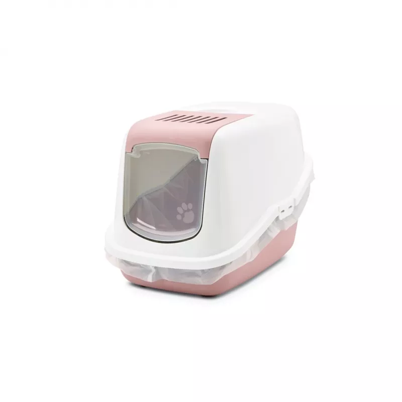 Covered cat litter box Savic Nestor White-Pink, hooded enclosed tray, 56×39×38.5 cm