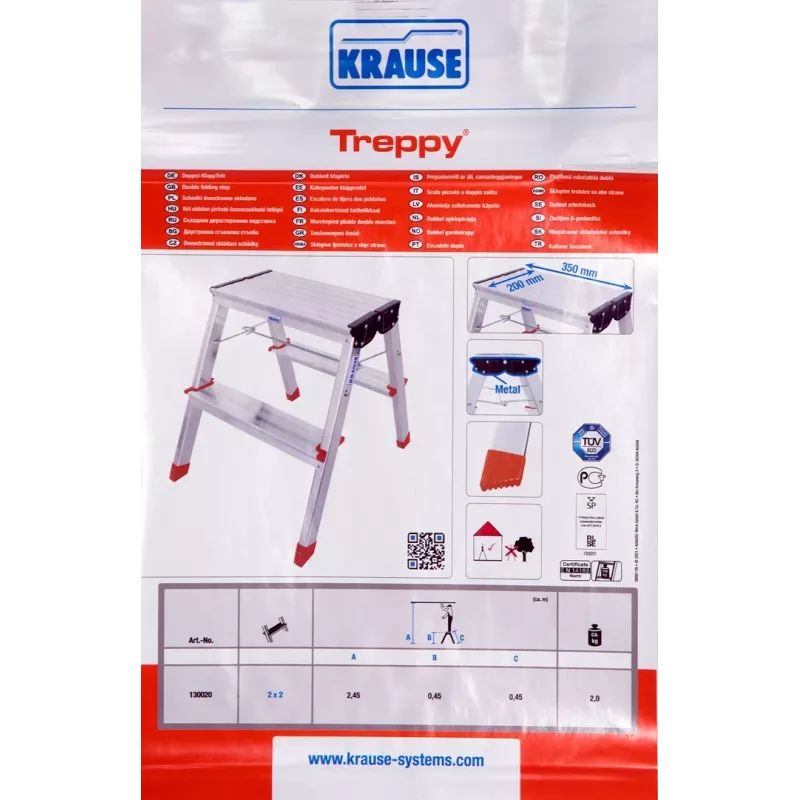 Folding step ladder Krause Treppy Silver 130020 — aluminium, 2 steps, 150 kg capacity, folded 55×20 cm, weight 2 kg