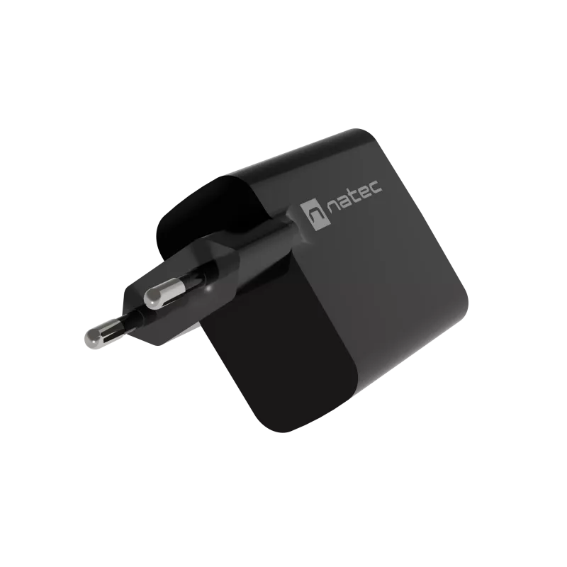 Wired Mobile Device Charger NATEC NUC-2145, 65W, USB-C PD 3.0 + QC 3.0, 1x USB-C, 1x USB-A, 110–240V, Black