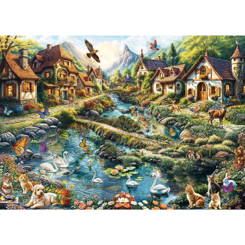 Jigsaw Puzzle 1000 pcs, schmidt spiele Village at the Edge of the Forest, scenic illustration