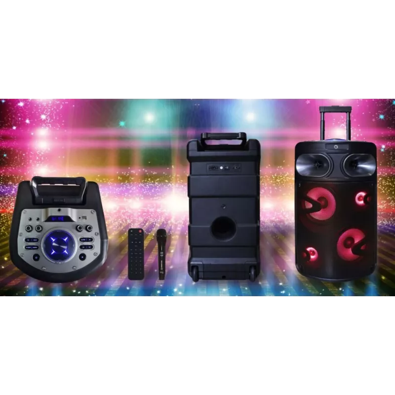 Portable Bluetooth karaoke speaker MANTA SPK0803B140 140W, battery-powered, MIC/USB/microSD, FM, equalizer, wheels