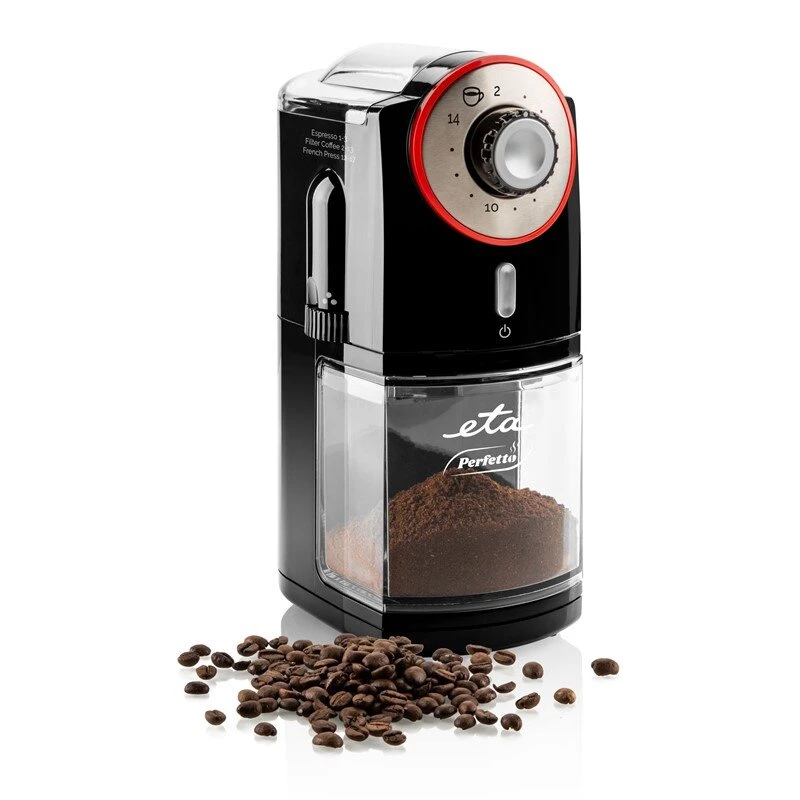 Coffee grinder ETA Perfetto ETA006890000 — 100 W motor, 200 g bean container, up to 14 cups, lid safety switch, black