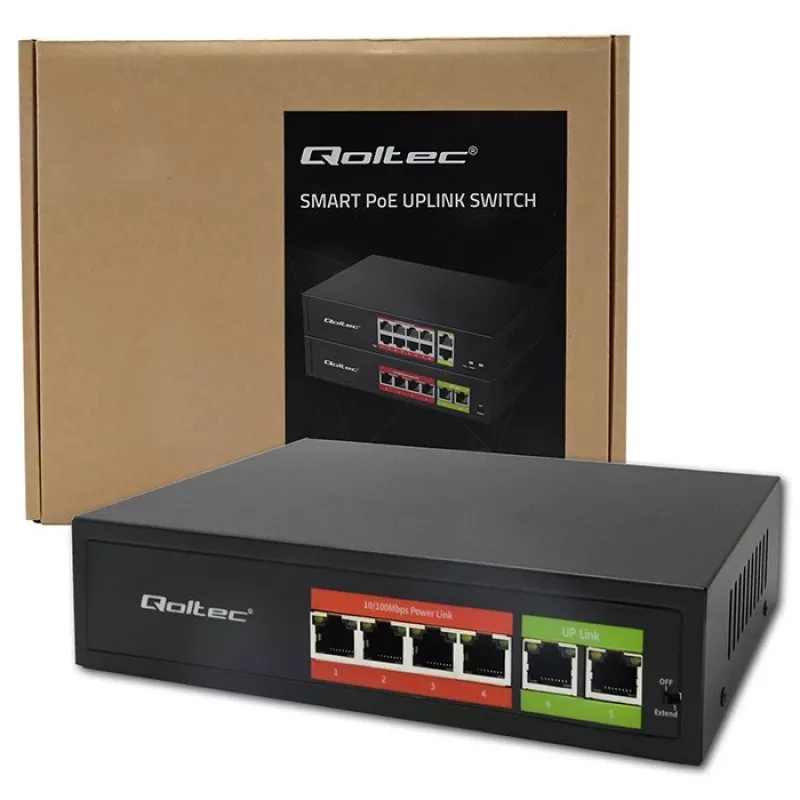 Ethernet PoE Switch QOLTEC 52289 — 4x RJ45 PoE ports, 2x RJ45 uplink, 65W power budget