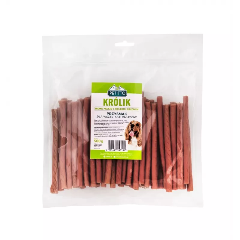 Dog treats PETITTO Soft rabbit fingers — rabbit-flavored soft chew sticks for dogs, 500 g, training treat, adult, soy‑free, gluten‑free