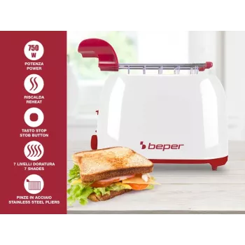 Toaster Beper P101TOS100 2-slice compact design, stainless steel housing, adjustable browning