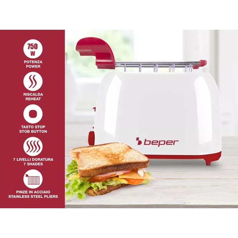 Toaster Beper P101TOS100 2-slice compact design, stainless steel housing, adjustable browning