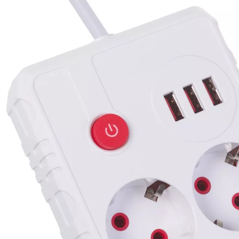 Power strip MACLEAN MCE387 W — 2 sockets, 3×USB A, 110–240V, 2500W, 1.5 m cable, white