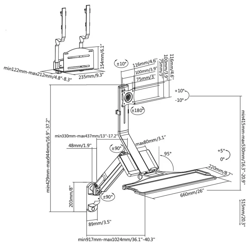Wall-mount workstation MACLEAN MC-838 with gas spring for monitor, keyboard and PC