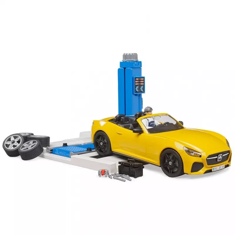 BRUDER Car Service Center bworld 62112 with Roadster playset, accessory figures and workshop elements