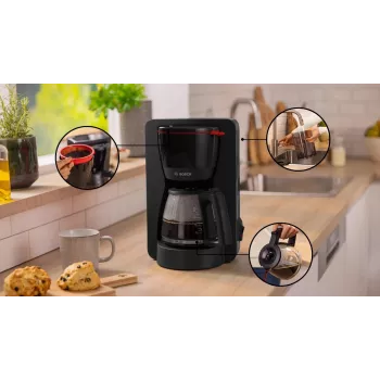 Drip coffee maker Bosch TKA2M113, 1.25 L water tank, 15 cups, black