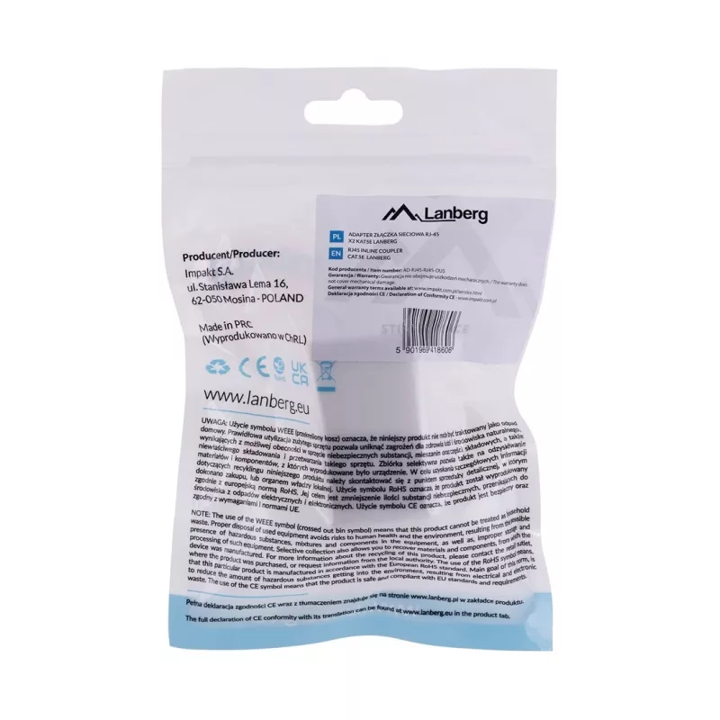LANBERG cable gender changer RJ-45 to RJ-45, female–female, U/UTP Cat5e, white
