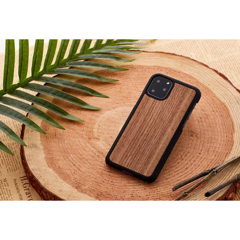 Smartphone case man and wood for iPhone 11 Pro Max — black walnut, wooden back, protective frame