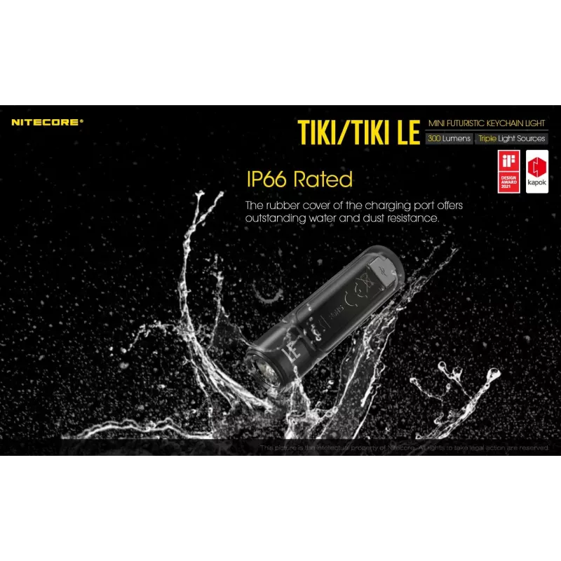 Hand flashlight Nitecore TIKI LE — 300 lm, USB-rechargeable, polycarbonate, IP66, shockproof, 10.5 g, 55 mm, Black
