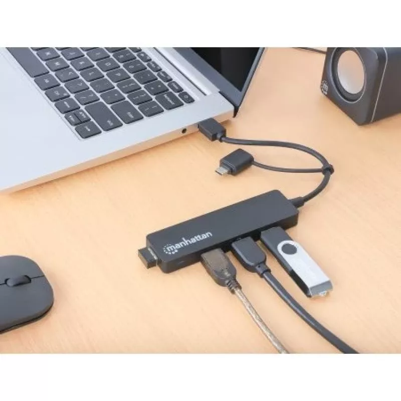 Manhattan USB-C & USB-A Combo Dock/Hub, Ports (4): USB-A (x4), 5 Gbps (USB 3.2 Gen1 aka USB 3.0), USB powered (no external power supply required)