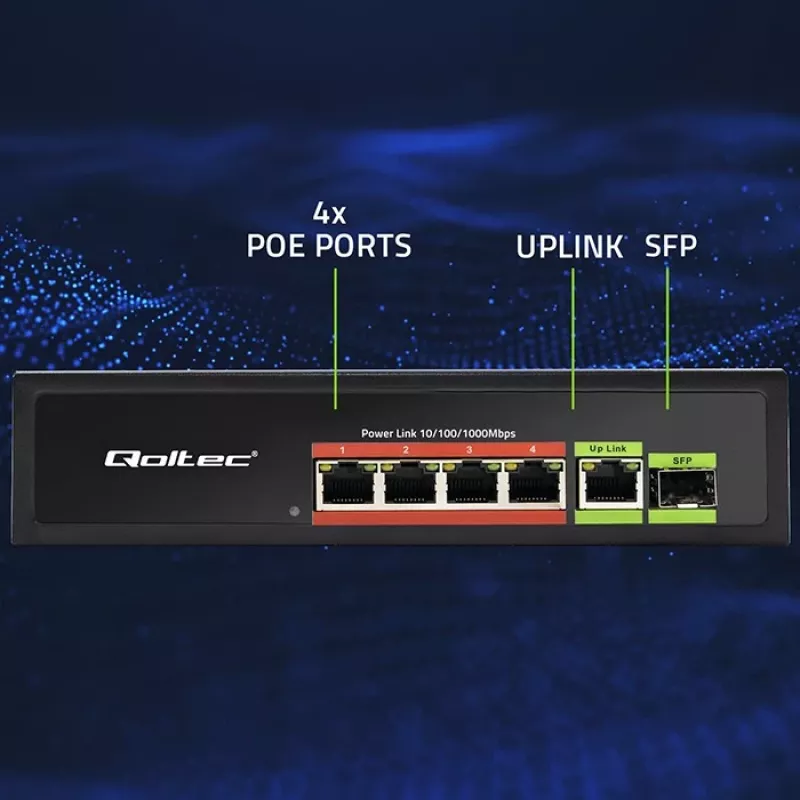 Ethernet PoE Switch QOLTEC 52296 — 4x RJ45 PoE ports, 1x RJ45 uplink