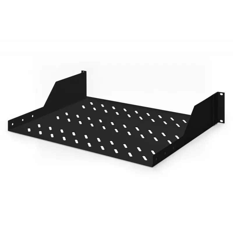 Digitus | 2U Fixed Shelf for Racks | DN-19 TRAY-2-SW | Black | Perfect for storage of components which are not 483 mm (19”) suitable. Slim design which takes space of 2 height units. Easy and quick to mount or dismount. Dimensions 88x482x349 mm, up to 25 kg