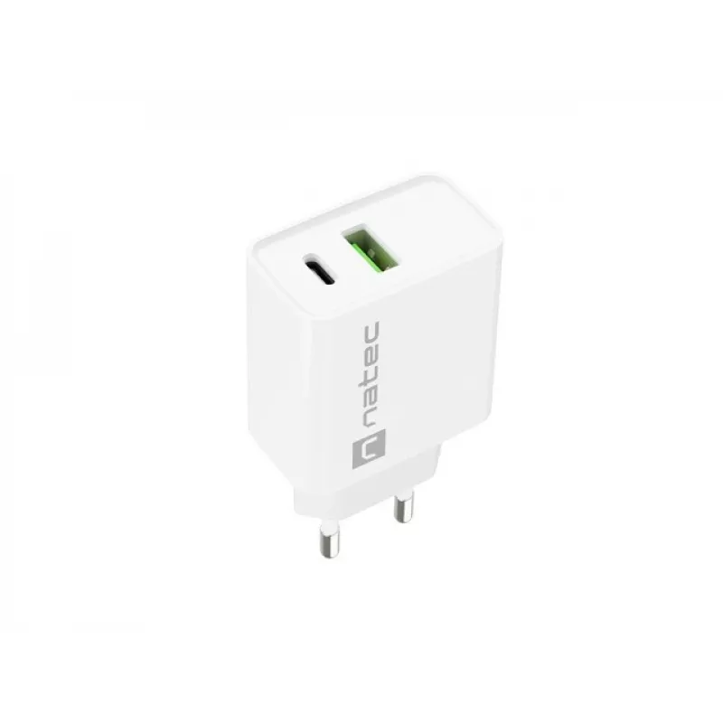 Indoor AC Fast Charging Charger NATEC RIBERA 12V 20W USB-C PD 3.0 + USB-A Samsung AFC White