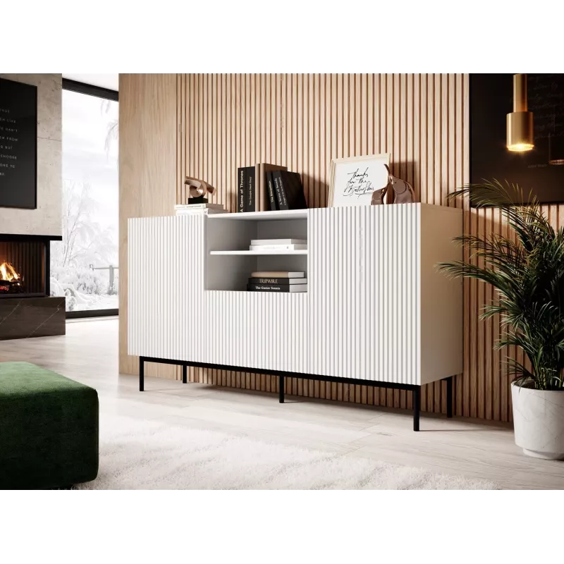 PAFOS chest of drawers on a black steel frame 150x40x90 cm white matt