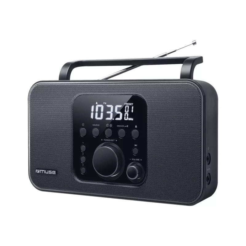 Portable radio muse M-091 R — FM/AM, LCD display, AC or AA/D battery power, rotary volume, 1.1 kg, black