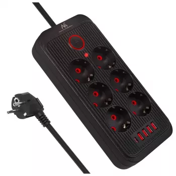 Power strip MACLEAN MCE389 B — 6 sockets, 4×USB-A + 1×USB-C, 110–240V, 2.1A, 2500W, 1.5 m cable, black